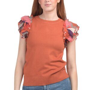 NWT RIO & RIAN Scoop Neck Printed Chiffon Ruffle Short Sleeve Knit Sweater